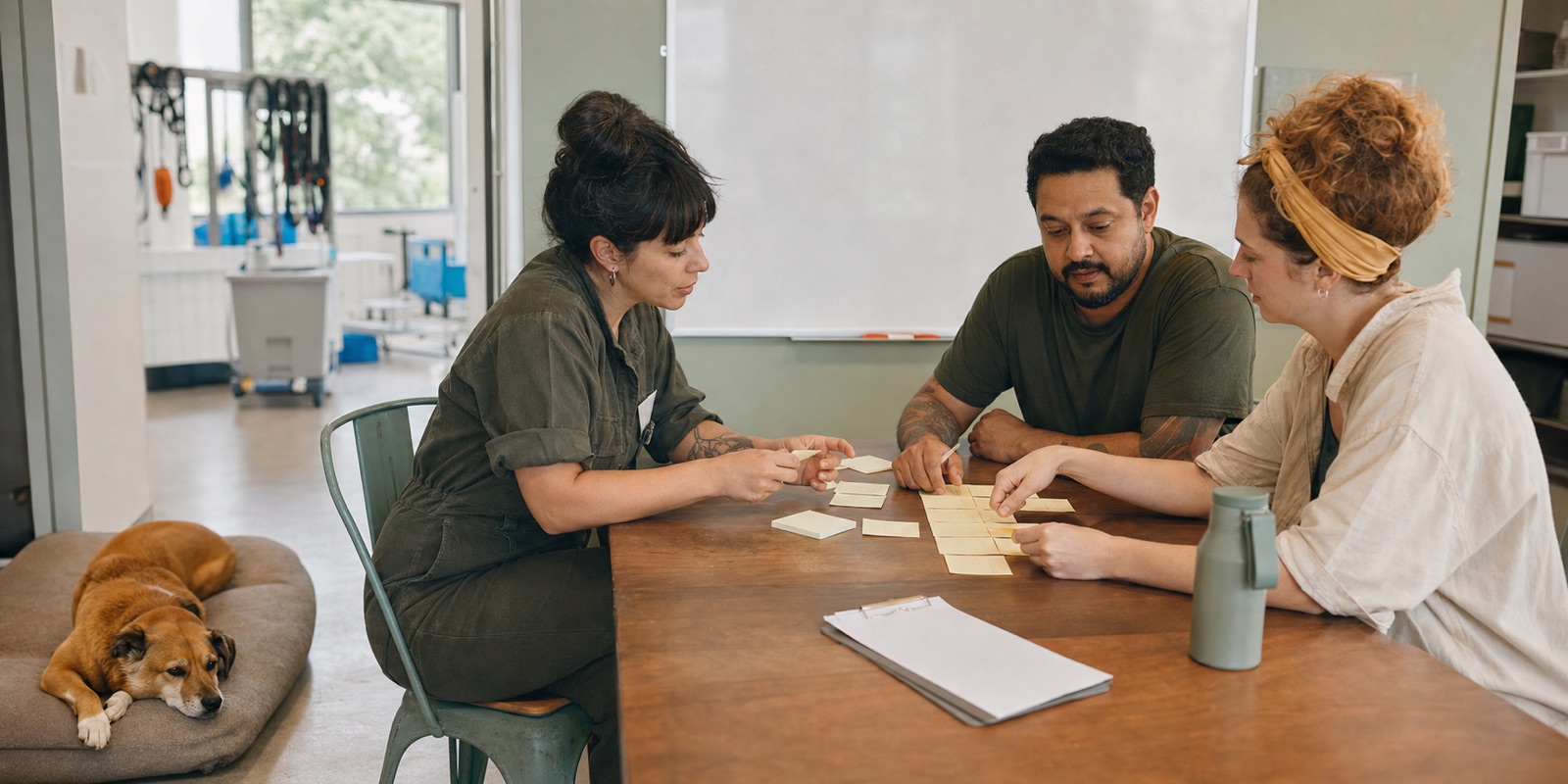 Shelter operators and a product collaborator mapping a care handoff workflow