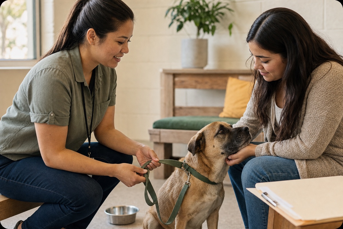 An adoption counselor guiding a first meeting with a rescue dog