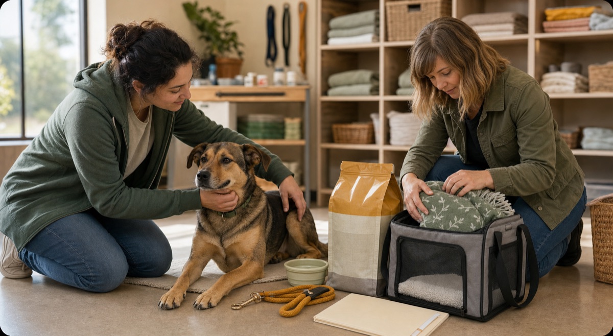 A foster coordinator preparing a dog and care kit