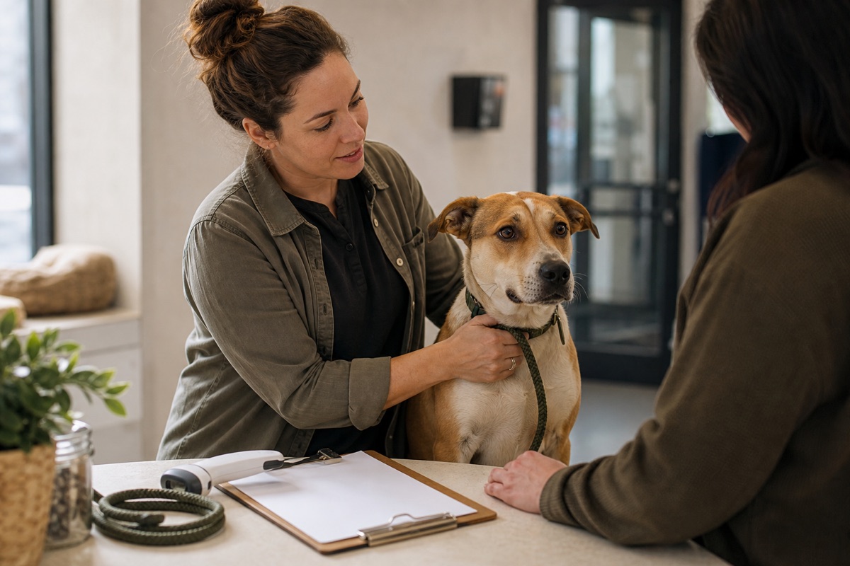 An intake lead checking in a rescue dog with a colleague
