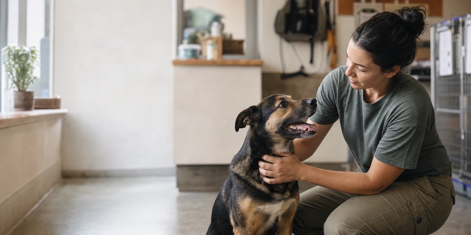 A shelter team member caring for a dog before its next handoff