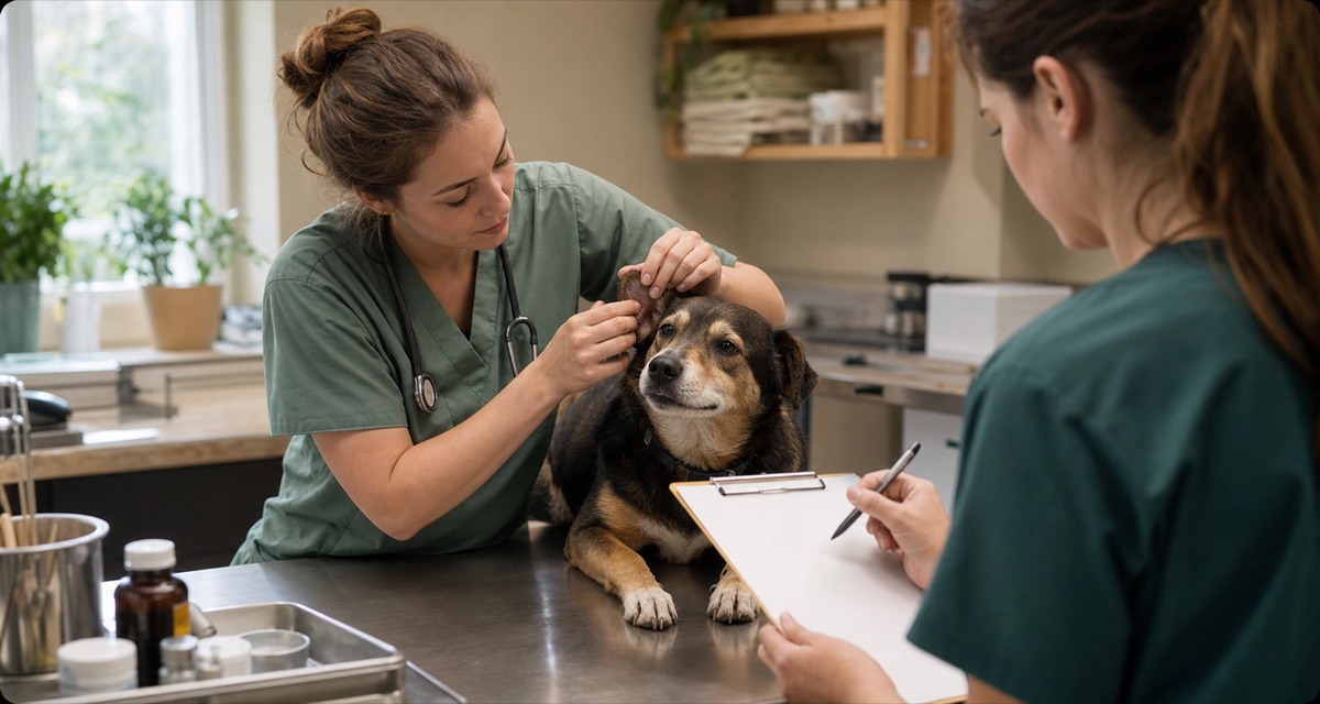 A veterinary technician completing a routine care check