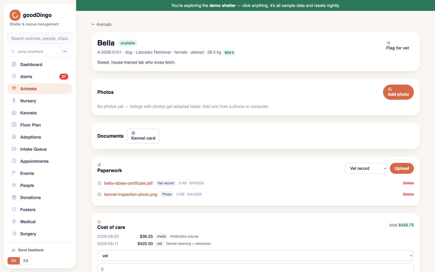Bella’s actual sample animal record, with identifiers, status, documents, and care information.