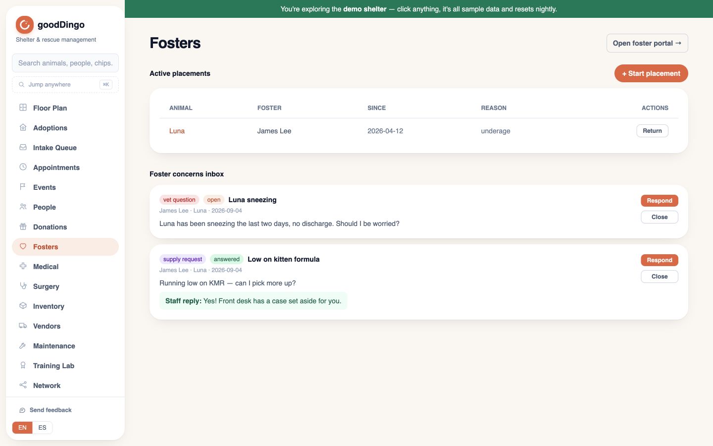 The actual Fosters screen showing Luna’s fictional placement and a sample foster concern inbox.