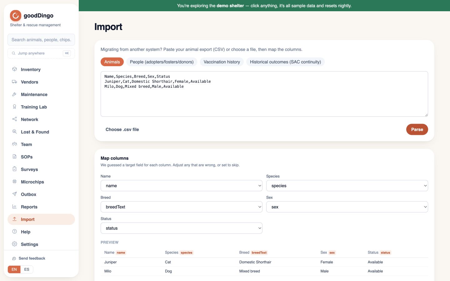 The actual goodDingo CSV importer with animals, people, vaccination history, and historical outcome import options.