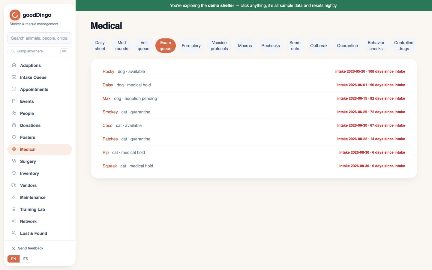 The actual Medical workspace displaying the sample animals awaiting an intake examination.